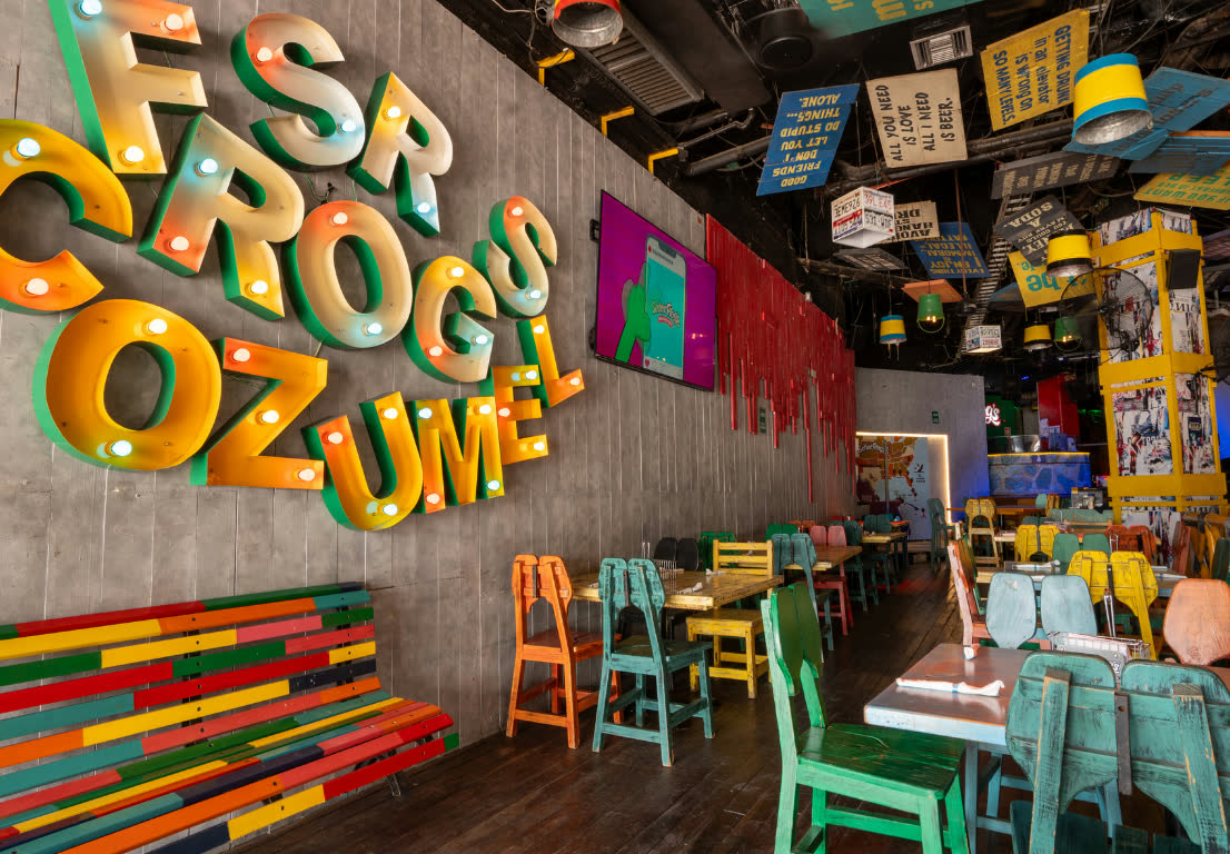 The Señor Frog’s Cozumel International SSA sign inside the restaurant