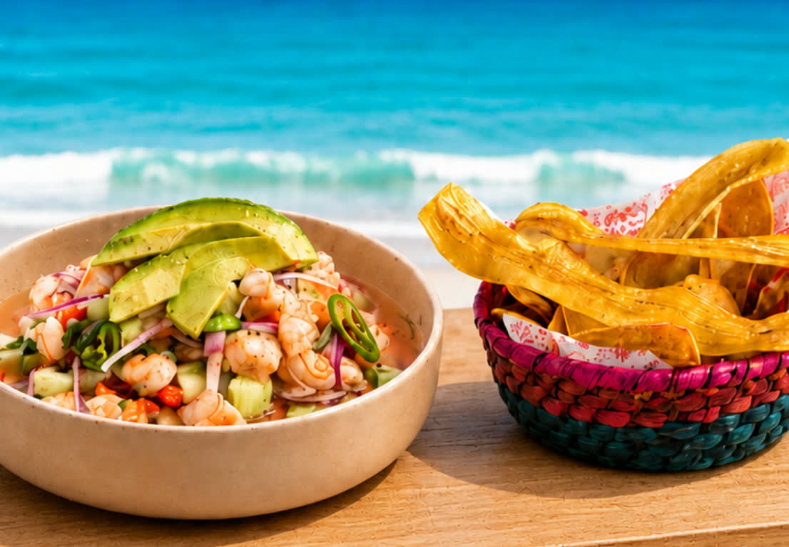 Shrimp ceviche with plantain chips at Señor Frog’s Los Cabos Party Zone