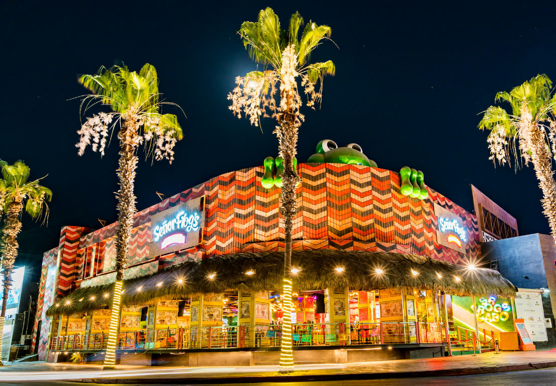Señor Frog’s Los Cabos Pier lit up at night