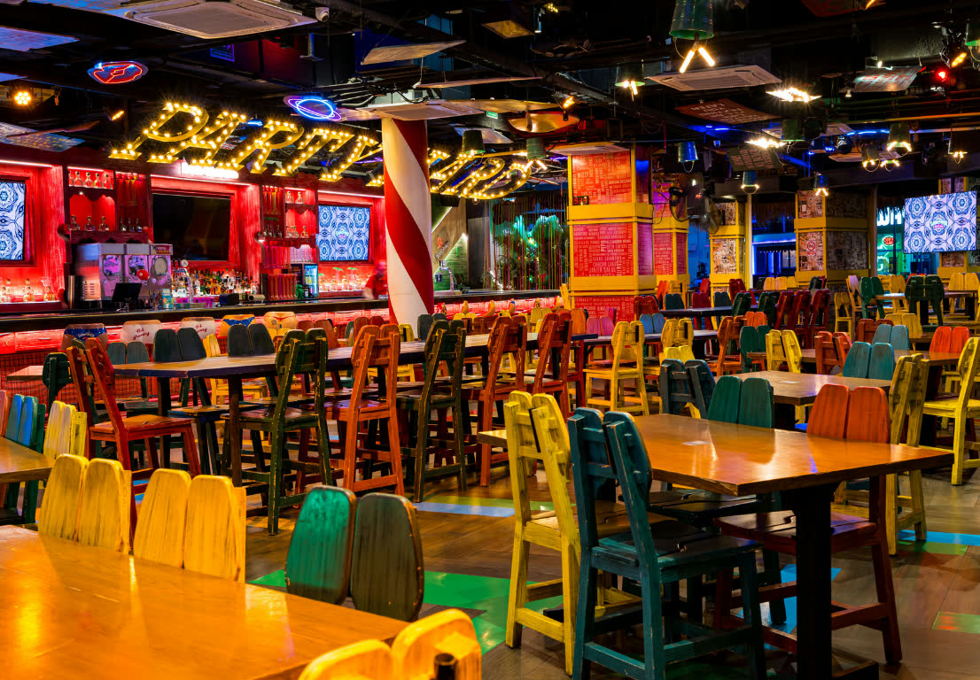 The colorful dining room at Señor Frog’s Los Cabos Pier