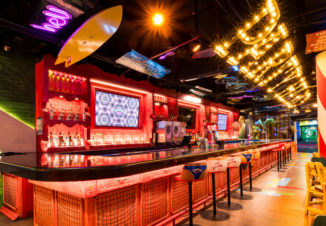 The neon-lit bar at Señor Frog’s Los Cabos Pier