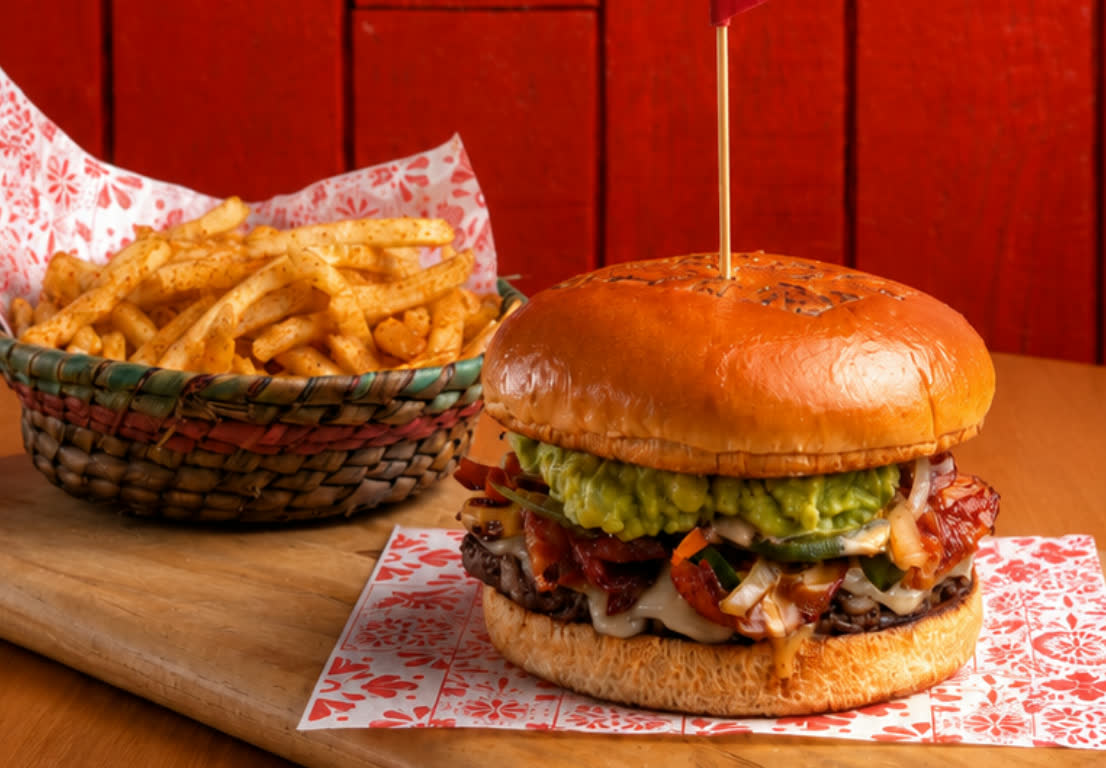 Burger and fries at Señor Frog’s Los Cabos Pier