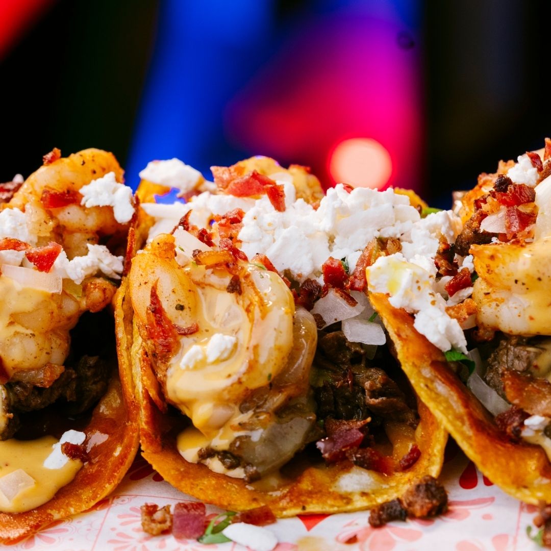 Surf and turf tacos with shrimp, steak and queso fresco at Señor Frog’s Playa del Carmen