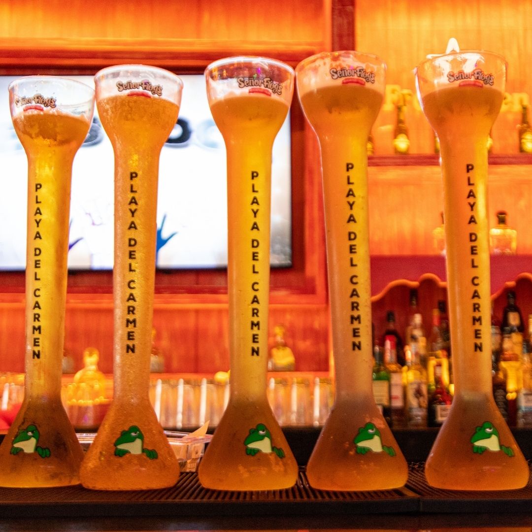 Five Señor Frog’s yard glasses engraved “Playa del Carmen” lined up on the bar