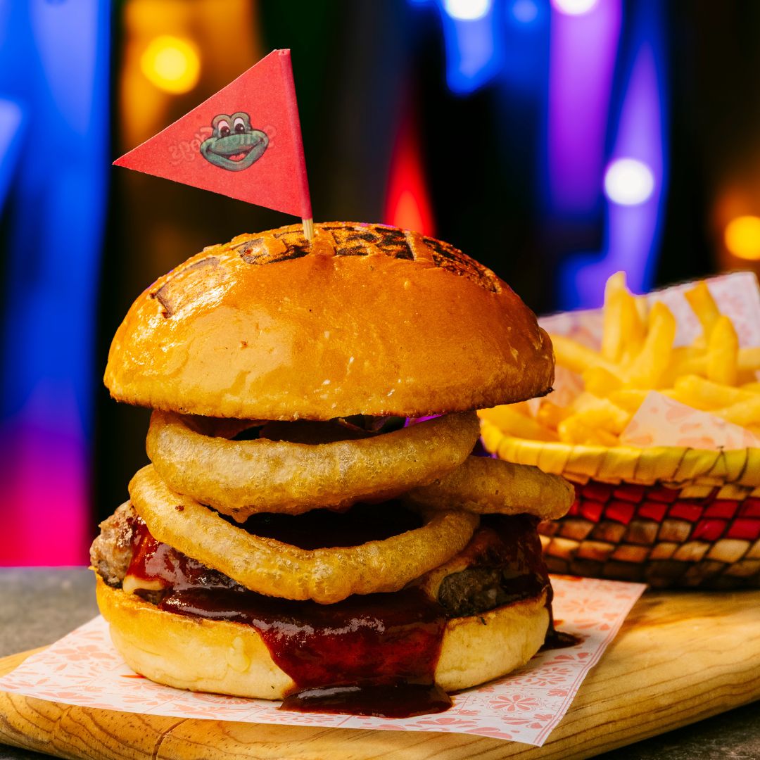 BBQ crunch burger with onion rings and fries at Señor Frog’s Playa del Carmen
